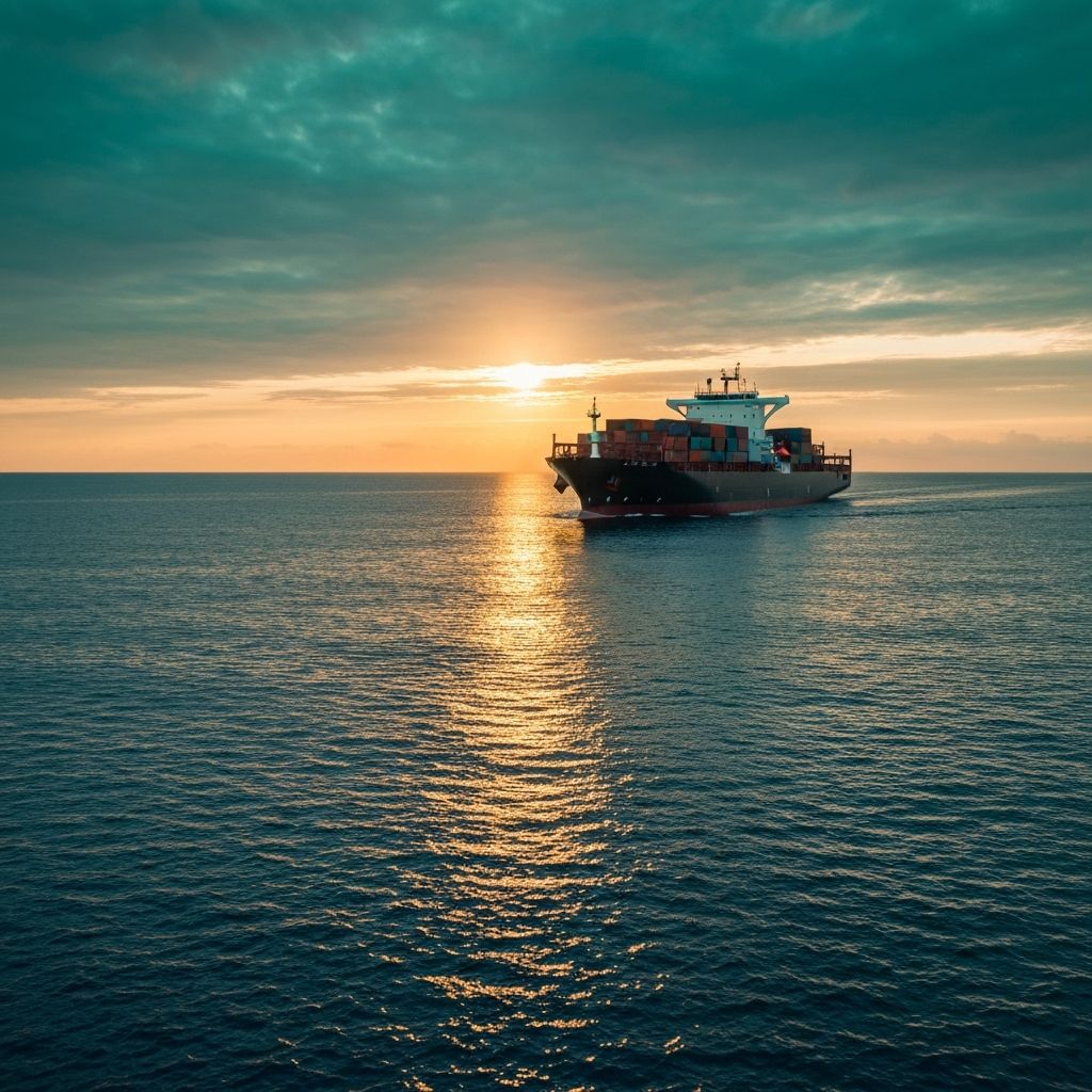 Modern cargo ship sailing at golden hour